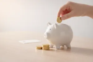 Weiße Spardose in Schweinchenform, in die eine Hand eine goldene Münze einwirft, daneben gestapelte Münzen auf einem Holztisch.