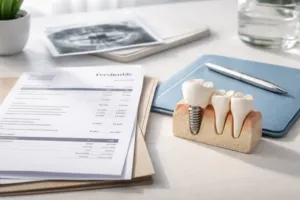 Zahnrechnung neben einem Zahnmodell mit Implantat und Versicherungsordner auf einem hellen Schreibtisch, symbolisiert Kostenfallen bei Zahnbehandlungen und Zahnzusatzversicherung.