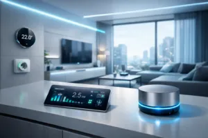 Futuristisches Smart Home Wohnzimmer 2026 mit intelligenten Gadgets zur Energieeffizienz und automatisierten Steuerung