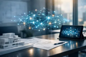 Fotorealistische Darstellung einer digitalen KI-Architektur als Netzwerk über Bauplan im modernen Büro – Symbol für AI-Architect 2026.