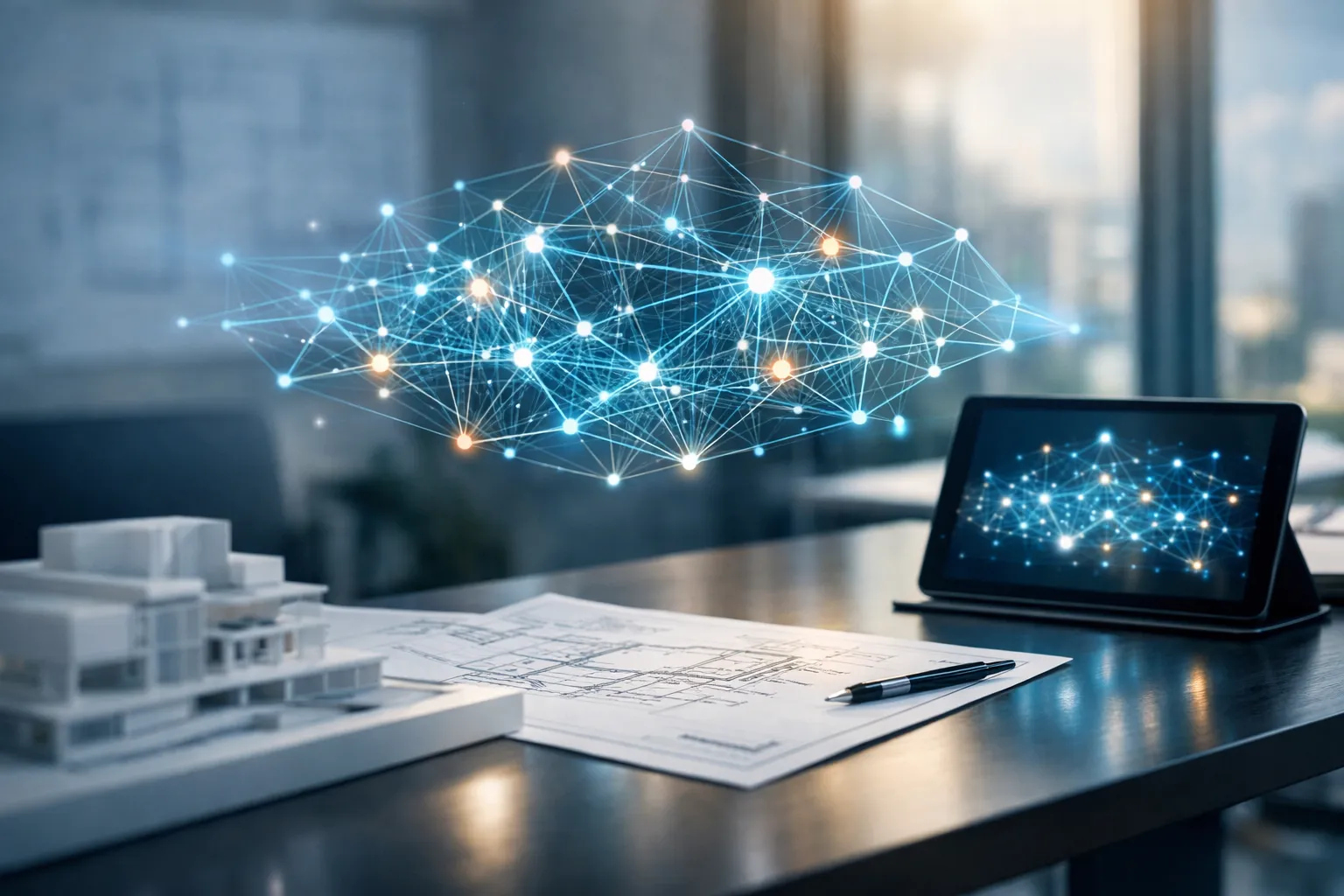 Fotorealistische Darstellung einer digitalen KI-Architektur als Netzwerk über Bauplan im modernen Büro – Symbol für AI-Architect 2026.