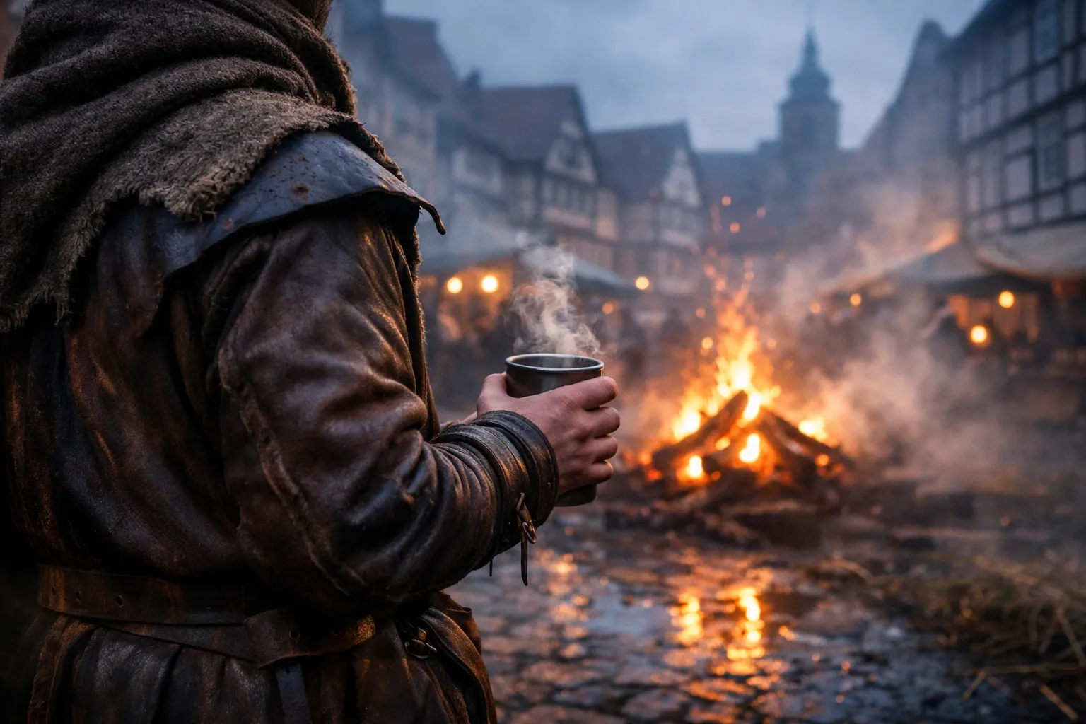 Person in Lederkleidung hält dampfenden Metbecher vor Lagerfeuer auf mittelalterlichem Markt in der Altstadt von Hameln im März 2026, mystische Atmosphäre mit Rauch und Kopfsteinpflaster