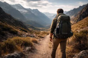 Alleinreisender Backpacker in abgelegener Berglandschaft – Raw Travel 2026 ohne Luxus und digitale Ablenkung