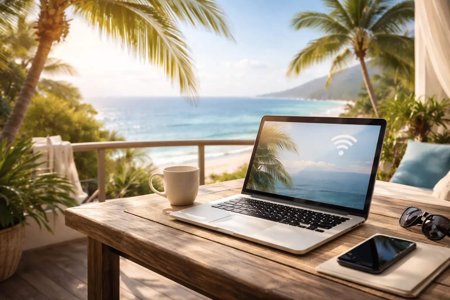 Workation im Winter mit Laptop auf sonniger Terrasse und Meerblick bei stabilem WLAN