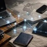 Digitale Nomaden arbeiten weltweit sicher mit Meshnet – vernetzte Geräte auf modernem Arbeitsplatz