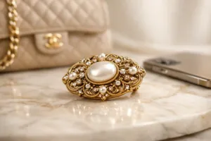 Vintage Goldbrosche mit Perle auf Marmorfläche – Retro Schmucktrend 2026 als modernes Statussymbol