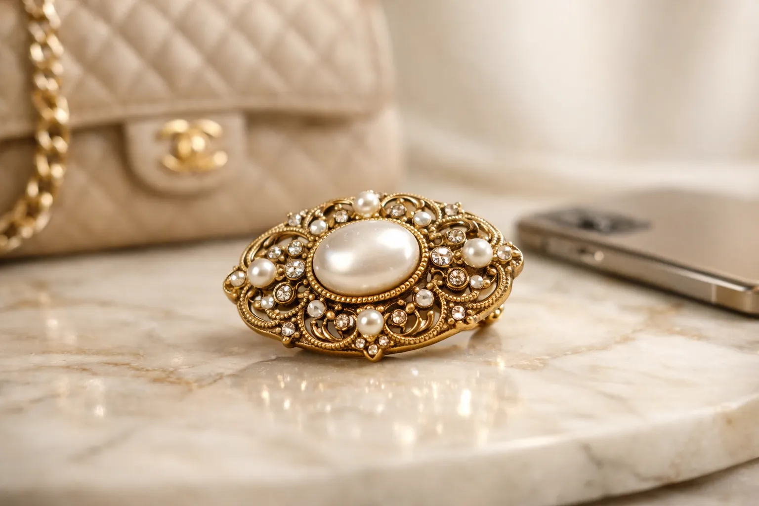Vintage Goldbrosche mit Perle auf Marmorfläche – Retro Schmucktrend 2026 als modernes Statussymbol