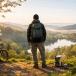 Wanderer mit Rucksack blickt im Frühlingslicht über eine Mittelgebirgslandschaft mit See, Fahrrad und Campingkocher – Symbol für Micro-Adventures in Deutschland
