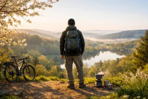 Wanderer mit Rucksack blickt im Frühlingslicht über eine Mittelgebirgslandschaft mit See, Fahrrad und Campingkocher – Symbol für Micro-Adventures in Deutschland