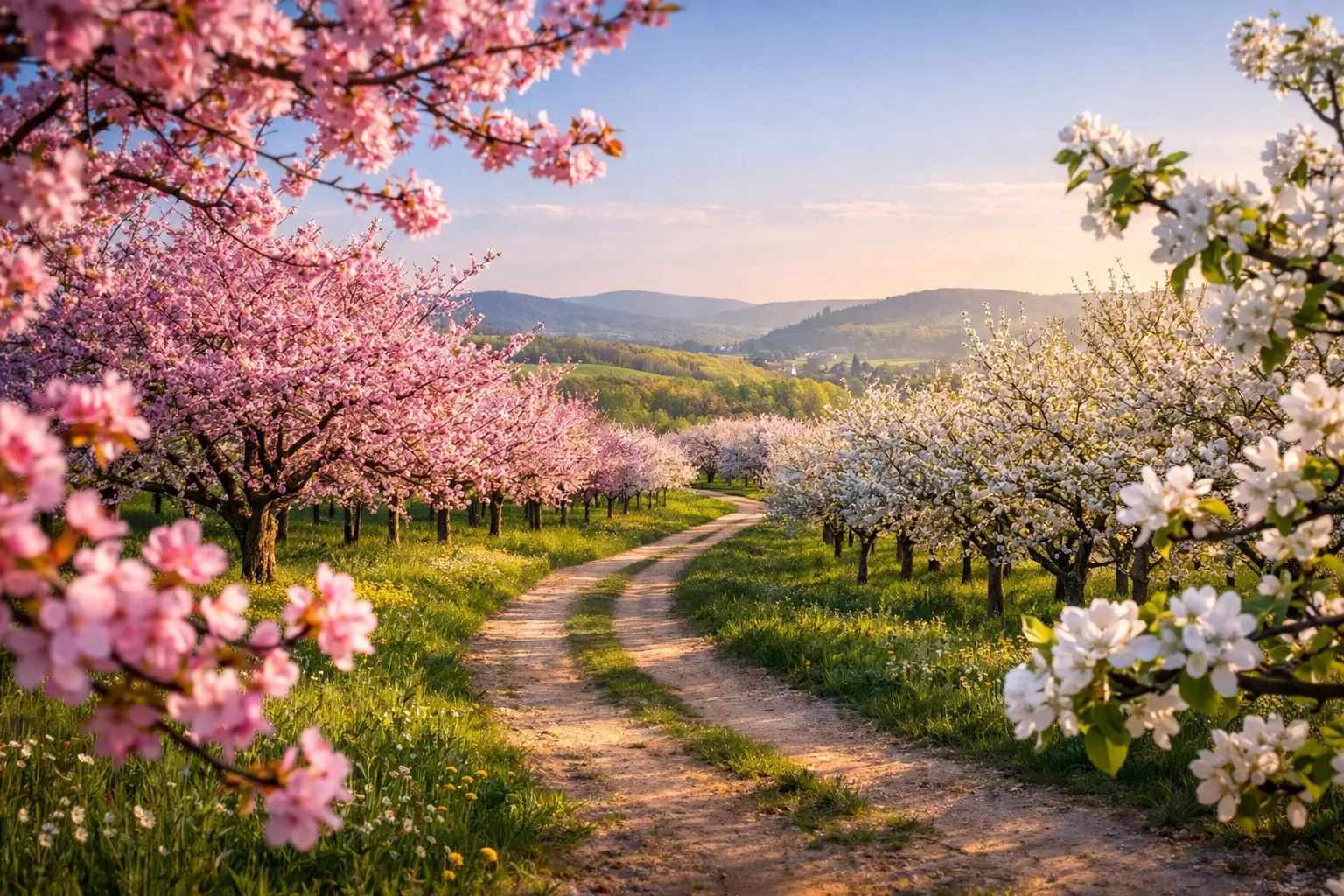 Blühende Kirsch- und Apfelbäume entlang eines Weges in Deutschland bei warmem Frühlingslicht