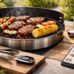 High-End Gasgrill mit gegrilltem Steak, Gemüse und Mais auf stilvollem Holztisch, digitales Thermometer und Smartphone zur Preisübersicht, fotorealistisches Editorial-Blogbild für Grill-Checkliste 2026