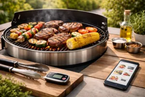 High-End Gasgrill mit gegrilltem Steak, Gemüse und Mais auf stilvollem Holztisch, digitales Thermometer und Smartphone zur Preisübersicht, fotorealistisches Editorial-Blogbild für Grill-Checkliste 2026