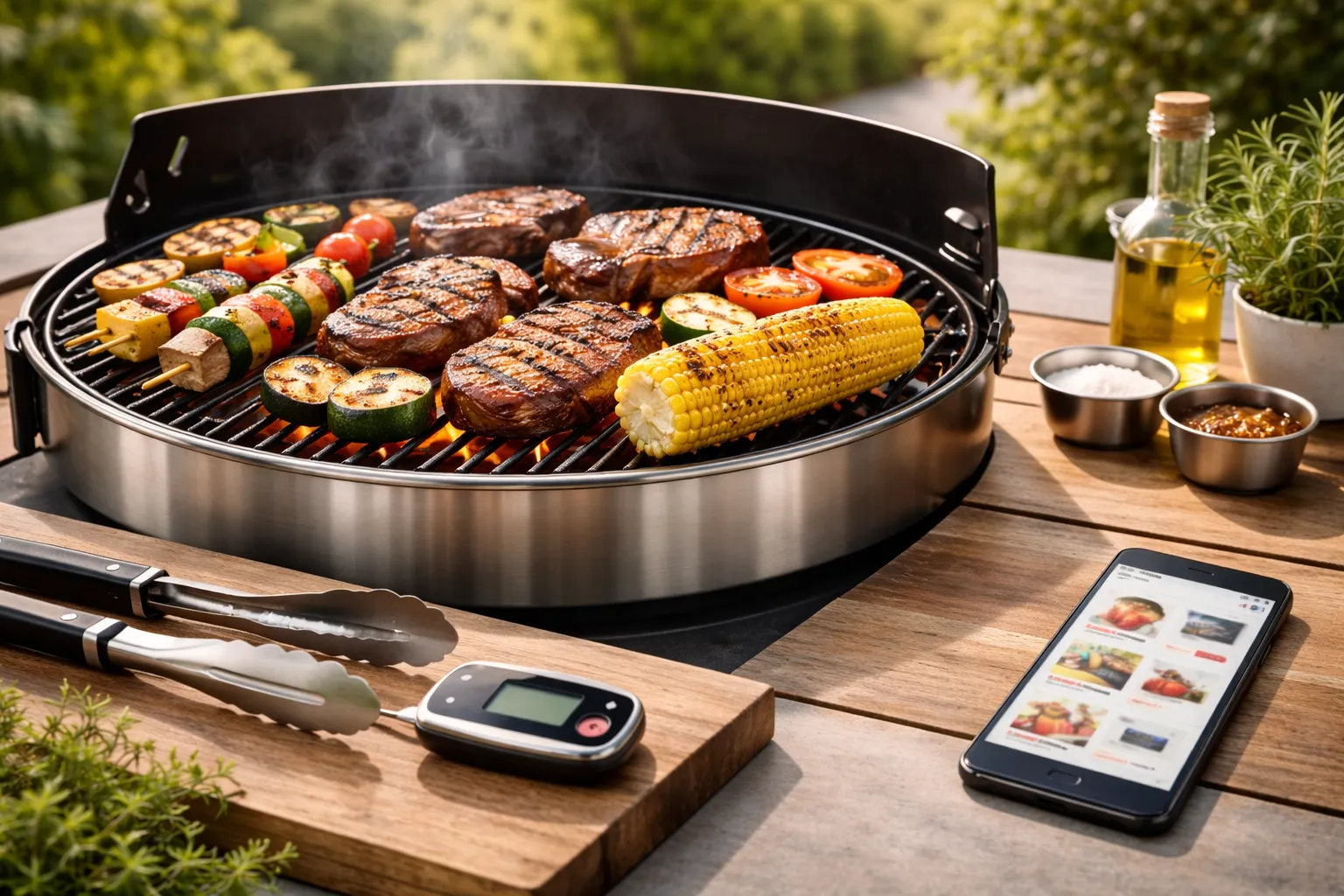 High-End Gasgrill mit gegrilltem Steak, Gemüse und Mais auf stilvollem Holztisch, digitales Thermometer und Smartphone zur Preisübersicht, fotorealistisches Editorial-Blogbild für Grill-Checkliste 2026
