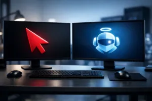 Vergleich von Cursor und GitHub Copilot: Zwei Monitore mit KI-Coding-Tools auf modernem Entwickler-Arbeitsplatz