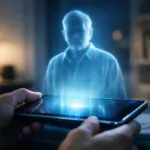 Fotorealistische Darstellung eines holografischen KI-Avatars eines älteren Mannes, der aus einem Tablet projiziert wird – Symbol für digitalen Totenkult und KI-gestützte Erinnerungen.