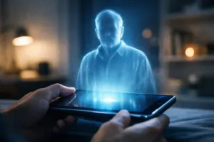 Fotorealistische Darstellung eines holografischen KI-Avatars eines älteren Mannes, der aus einem Tablet projiziert wird – Symbol für digitalen Totenkult und KI-gestützte Erinnerungen.