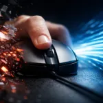 Gamer-Maus im Nahaufnahme-Fotorealismus, links chaotische rote Lag-Partikel, rechts schnelle blaue Lichtstrahlen symbolisieren stabile NordLynx-Verbindung