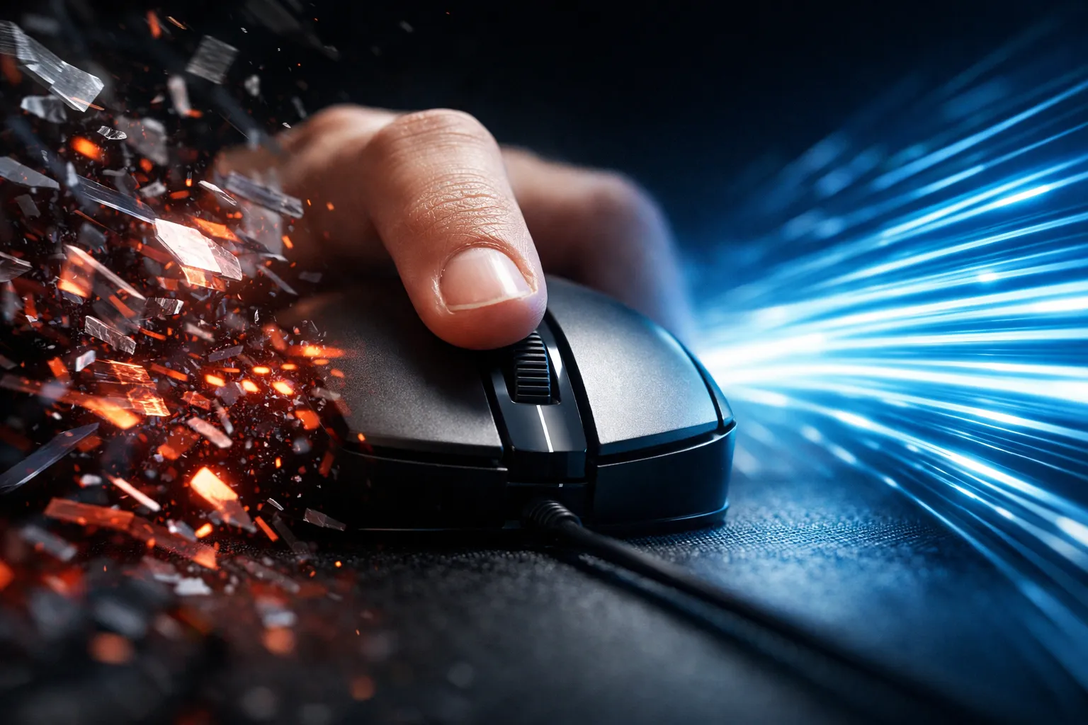 Gamer-Maus im Nahaufnahme-Fotorealismus, links chaotische rote Lag-Partikel, rechts schnelle blaue Lichtstrahlen symbolisieren stabile NordLynx-Verbindung