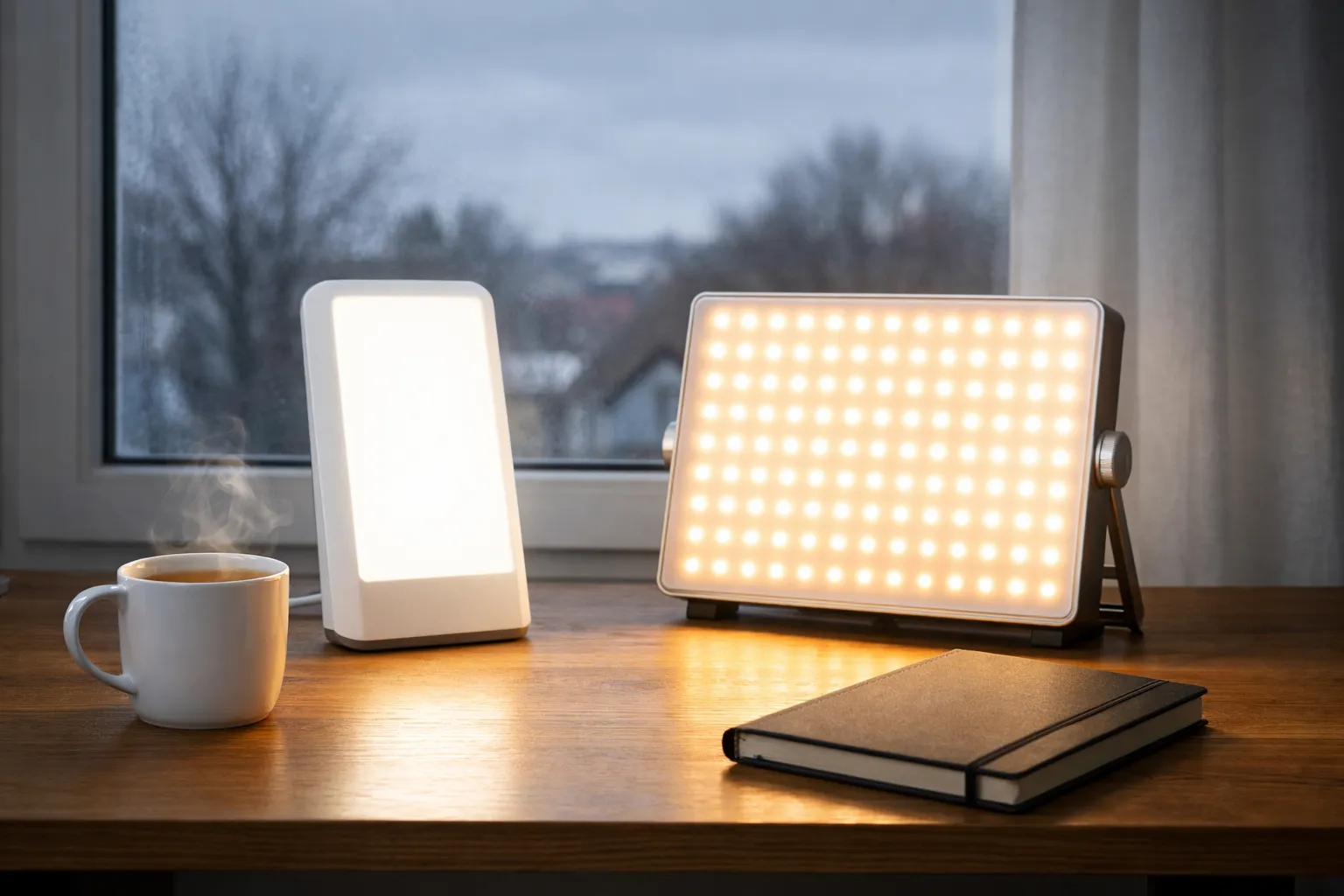 Lichttherapie-Lampe und LED-Panel auf Schreibtisch vor grauem Winterfenster – Biohacking gegen Winterdepression im Homeoffice