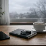 Minimalistischer Holztisch mit ausgeschaltetem Smartphone, Notizbuch und dampfender Teetasse vor grauem Märzhimmel – Symbolbild für Dopamin-Fasten und mentalen Reset