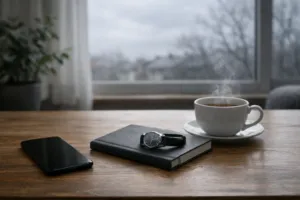 Minimalistischer Holztisch mit ausgeschaltetem Smartphone, Notizbuch und dampfender Teetasse vor grauem Märzhimmel – Symbolbild für Dopamin-Fasten und mentalen Reset