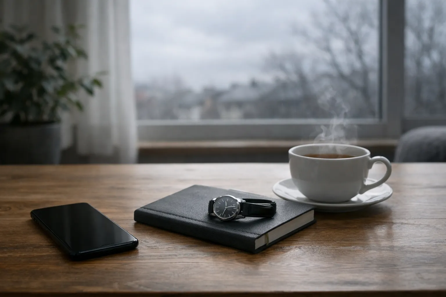 Minimalistischer Holztisch mit ausgeschaltetem Smartphone, Notizbuch und dampfender Teetasse vor grauem Märzhimmel – Symbolbild für Dopamin-Fasten und mentalen Reset
