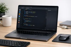 Fotorealistischer Cursor-AI-Editor auf Laptop mit Code und Extensions auf modernem Entwickler-Schreibtisch