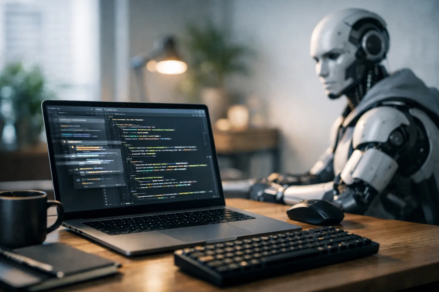 Humanoider Roboter unterstützt Freelancer beim Programmieren mit KI-Tool Cursor AI am Laptop