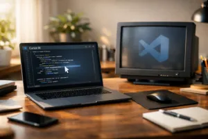 Moderner Arbeitsplatz mit Cursor AI auf dem Laptop und verblasstem VS Code Monitor – Wechsel von VS Code zu KI-gestützter IDE