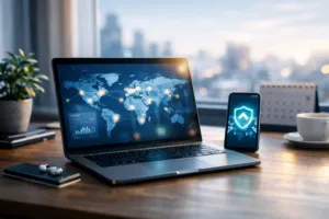 Moderner Homeoffice-Arbeitsplatz mit Laptop und Smartphone, die eine sichere VPN-Verbindung über eine leuchtende Weltkarte anzeigen, Tageslicht, minimalistisch und vertrauenswürdig