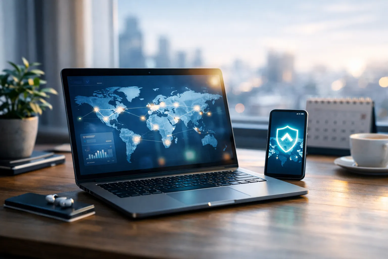Moderner Homeoffice-Arbeitsplatz mit Laptop und Smartphone, die eine sichere VPN-Verbindung über eine leuchtende Weltkarte anzeigen, Tageslicht, minimalistisch und vertrauenswürdig
