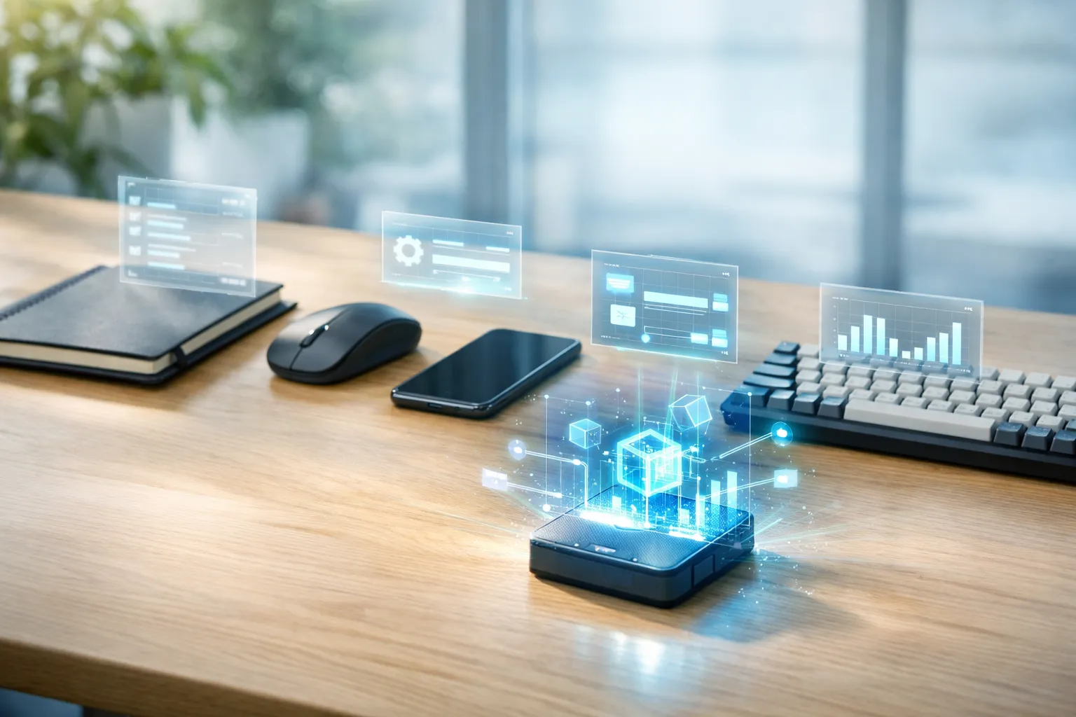 Fünf KI-Tools als holografische Interfaces auf modernem Schreibtisch – ein Underdog-Tool dominiert den Workflow 2026