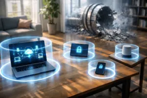 Zero Trust Sicherheit im Homeoffice 2026 mit geschützten Geräten und zerfallendem Firmen-VPN im Hintergrund