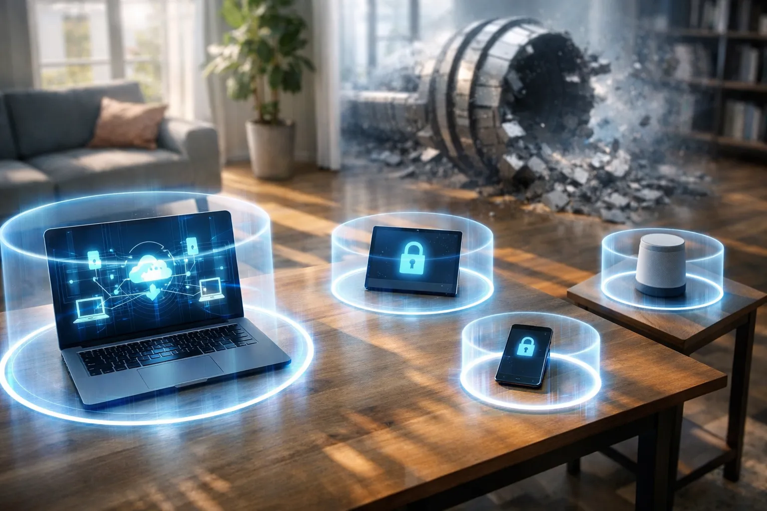 Zero Trust Sicherheit im Homeoffice 2026 mit geschützten Geräten und zerfallendem Firmen-VPN im Hintergrund