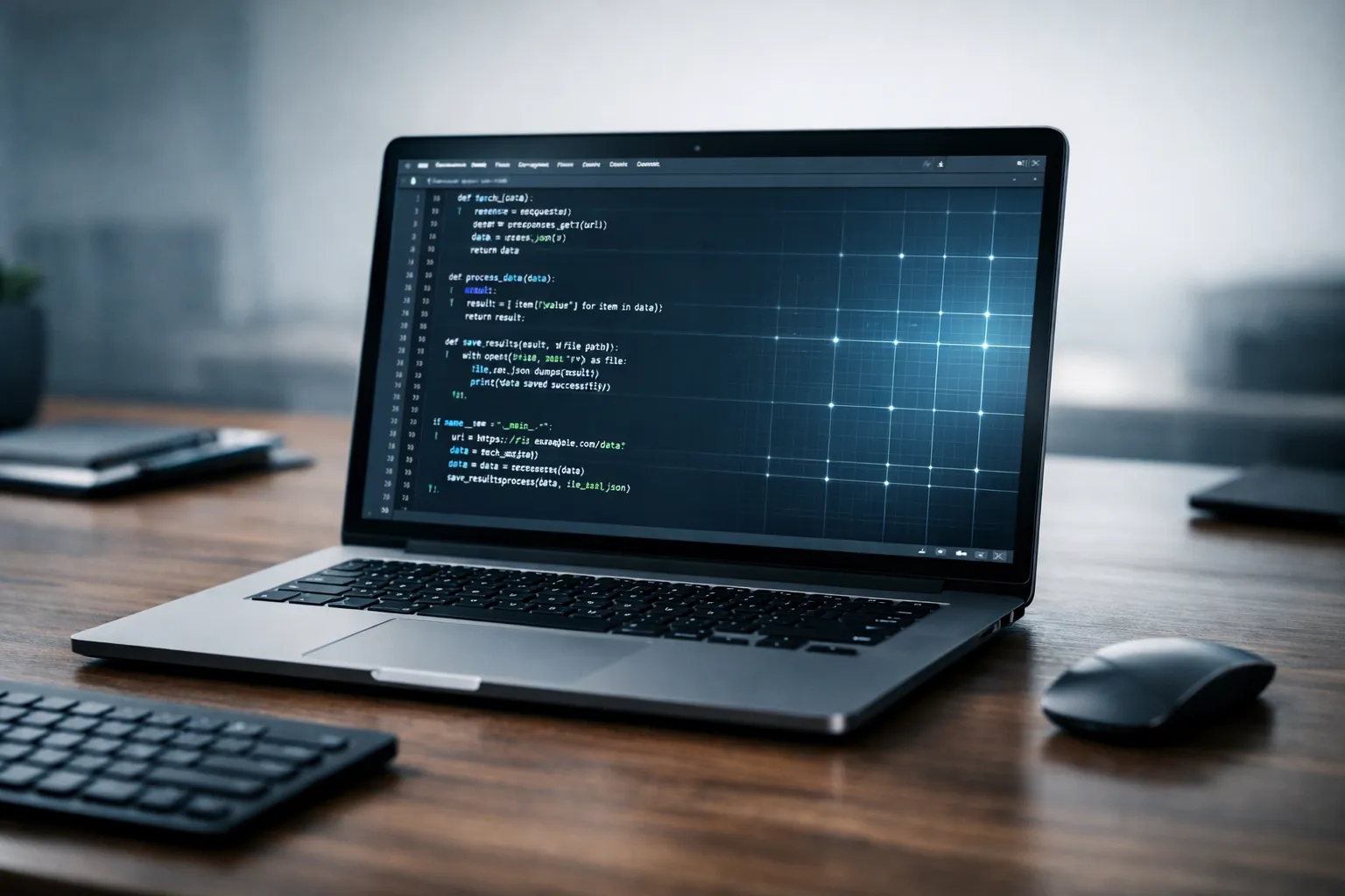 Cursor AI Code-Editor mit fehlerfreiem Python-Code auf modernem Entwickler-Laptop