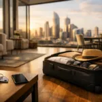 Luxuriöse Mietwohnung mit gepacktem Koffer, Schlüssel und Skyline-Blick – Symbol für finanzielle Freiheit und flexibles Wohnen 2026