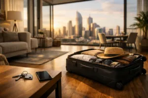 Luxuriöse Mietwohnung mit gepacktem Koffer, Schlüssel und Skyline-Blick – Symbol für finanzielle Freiheit und flexibles Wohnen 2026