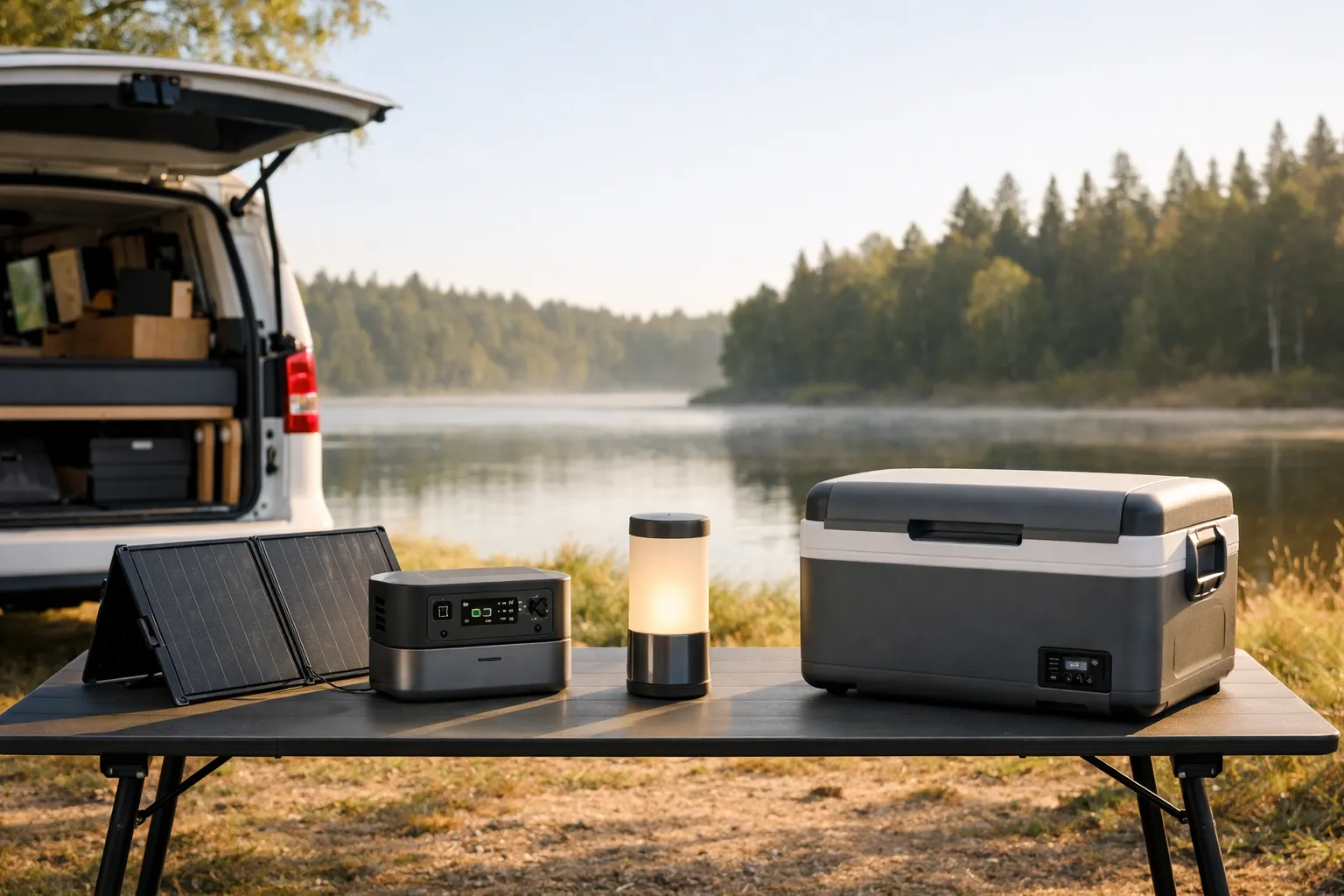 Smart Camping 2026 mit Campervan am See, Powerstation, Solarpanel und elektrischer Kühlbox im Morgenlicht
