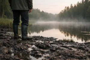 Person mit Gummistiefeln im Schlamm an einem nebligen Waldsee – Symbol für Rückzug, Erdung und bewusste Stille im Jahr 2026.