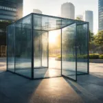 Transparenter Glaswürfel in urbaner Umgebung, geöffneter Ausgang ins Sonnenlicht, symbolisch für Aufbruch und Freiheit.