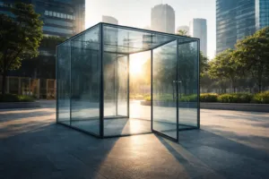 Transparenter Glaswürfel in urbaner Umgebung, geöffneter Ausgang ins Sonnenlicht, symbolisch für Aufbruch und Freiheit.