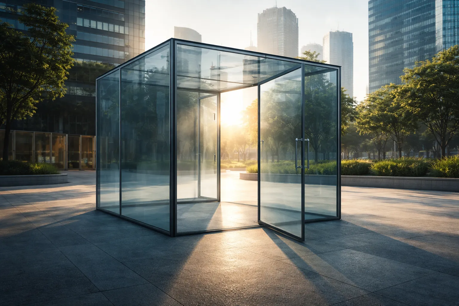 Transparenter Glaswürfel in urbaner Umgebung, geöffneter Ausgang ins Sonnenlicht, symbolisch für Aufbruch und Freiheit.