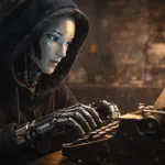 Humanoider Roboter im dezenten Hacker-Look, der konzentriert auf einer alten Schreibmaschine tippt.