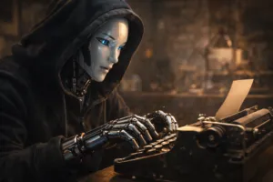 Humanoider Roboter im dezenten Hacker-Look, der konzentriert auf einer alten Schreibmaschine tippt.