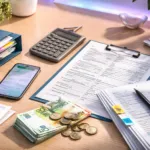 Steuerunterlagen, Taschenrechner und Euro-Banknoten auf modernem Schreibtisch – Symbolbild für Steuererstattung und Steuer-Hacks für die Gen Z