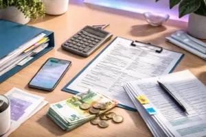 Steuerunterlagen, Taschenrechner und Euro-Banknoten auf modernem Schreibtisch – Symbolbild für Steuererstattung und Steuer-Hacks für die Gen Z