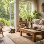 Wohnraum im Friluftsliv-Stil mit Naturmaterialien, Pflanzen und offenem Blick ins Grüne