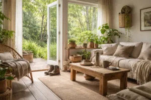 Wohnraum im Friluftsliv-Stil mit Naturmaterialien, Pflanzen und offenem Blick ins Grüne