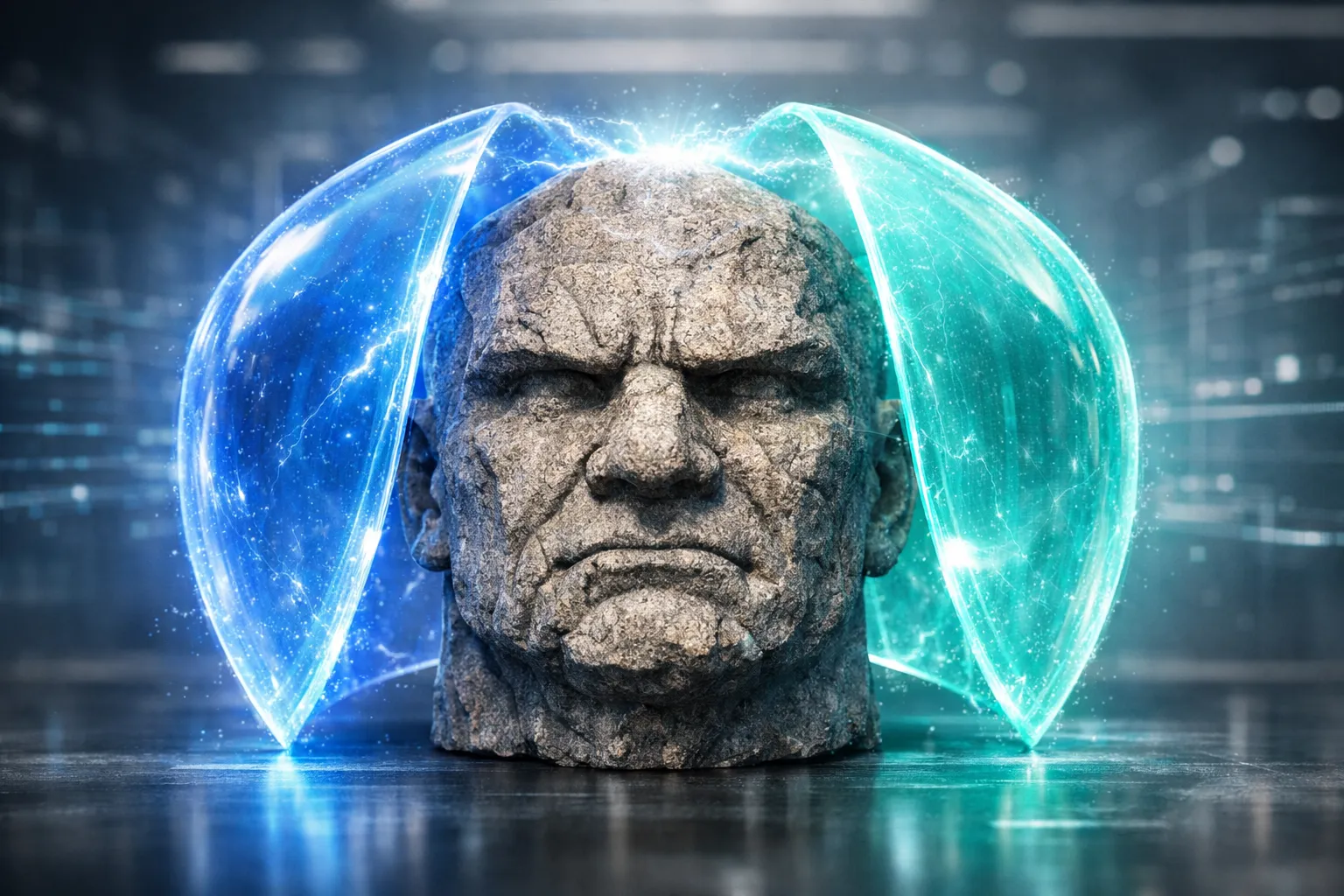 NordVPN vs. Surfshark 2026 Vergleich – digitaler Schutzschild schützt steinernen Kopf als Symbol für sichere VPN-Verbindung