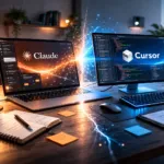 Fotorealistischer Vergleich zweier KI-Entwicklungstools in modernem Workspace mit Dual-Monitor-Setup und visuellem Energieeffekt zwischen den Systemen